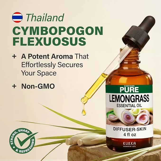 100% Pure Lemongrass Oil - 4 Fl Oz Lemongrass Essential Oil for Hair, Skin, Diffuser, Aromatherapy & DIY Soap Making Scent