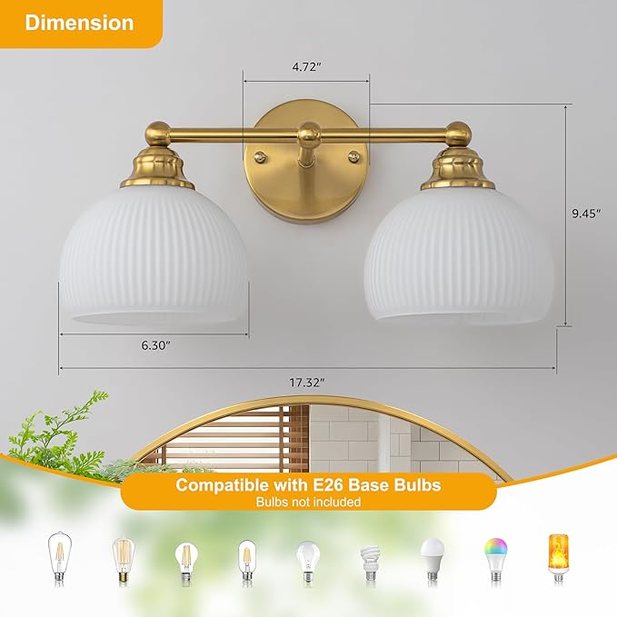 GoYeel Bathroom Vanity Light Fixtures, 2 Light Bathroom Lights Over Mirror Vintage Gold Antique Restroom Light Fixture with Milk White Glass Shade for Bathroom, E26 Base