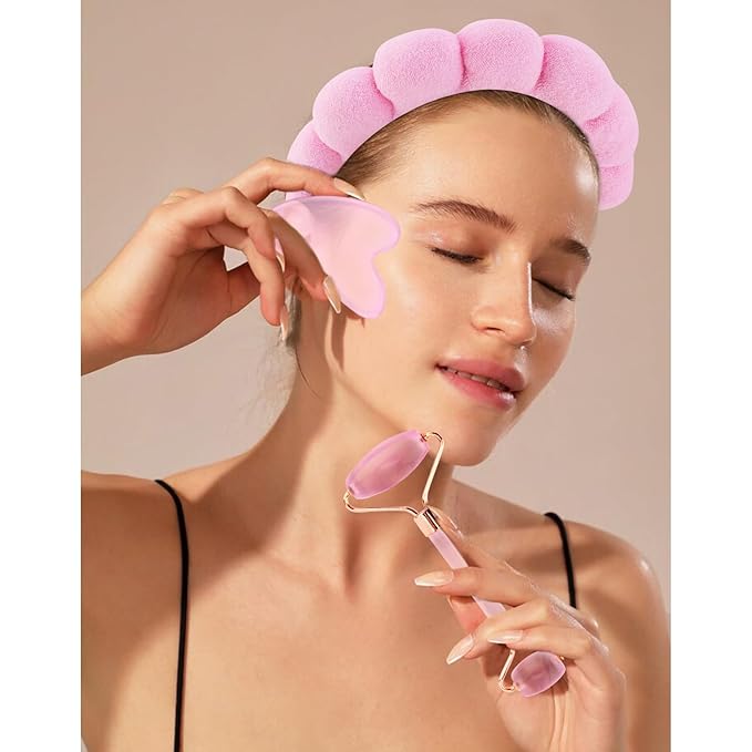 Chanaco Spa Headband and Wristbands for Women Skincare Headband for Washing Face Gua Sha & Jade Roller Facial Tools Pink Makeup Fash Wash Hairband Teen Girl Gifts Trendy Stuff