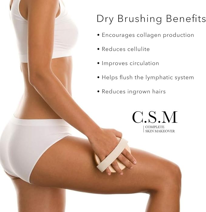 CSM Dry Brushing Body Brush for Lymphatic Drainage - Natural Boar Bristle Exfoliating Brush Set with Face Brush for Cellulite, Circulation & Glowing Skin