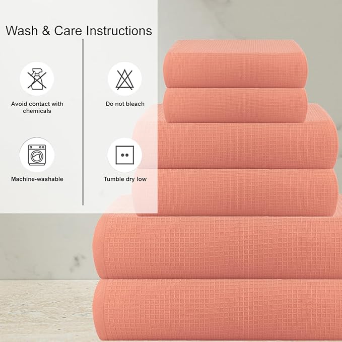 CASA COPENHAGEN Waffle 6Pcs 100% Egyptian Cotton Large Designer Towels Gift Set- Malibu Peach, 2Bath 2Hand 2Washcloths, Bath Towels for Bathroom (Box Pack, Set for Women & Men)