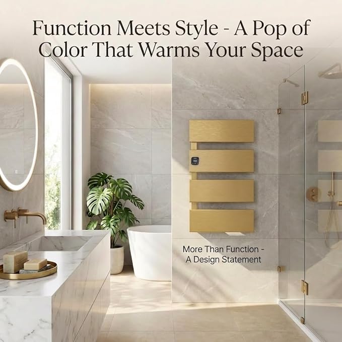 Electric Towel Warmer, Heated Towel Rack with Thermo Control and Timer, Fast Heating Towel Rail for Bathroom with Memroy Function, Work with Smart Plug, Left-Wiring, 4 Panel, Gold