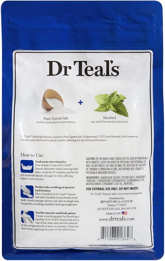 Dr Teal's Epsom Salt Magnesium Soak, Pre & Post Workout with Menthol & Essential Oils, 3 lbs