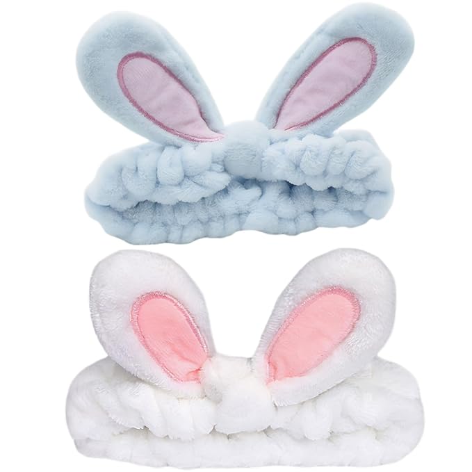 musejoy 2 Pcs Headband Bunny Ears Headband Cute Spa Headbands for Washing Face Skincare Makeup Headbands for Women Girls Trendy Stuff Present Soft Coral Fleece Hair Accessories(White+ Blue)