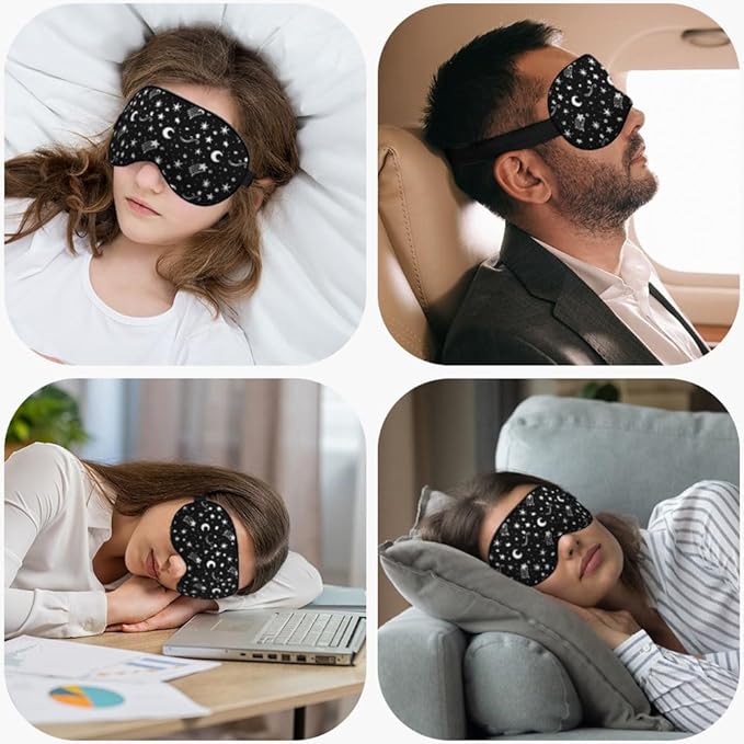 Starry Sky Moon Silk Eye Mask Sleep Mask Night Polka Dots Mystical White Black Eye Mask with Adjustable Strap Lightweight for Women Work Travel Night Sleep