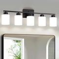 FonmYim Black Bathroom Light Fixtures, 5-Light Modern Vanity Light Over Mirror, Wall Sconces with Milky White Frosted Glass Shades, E26 Socket (Bulbs Not Included)