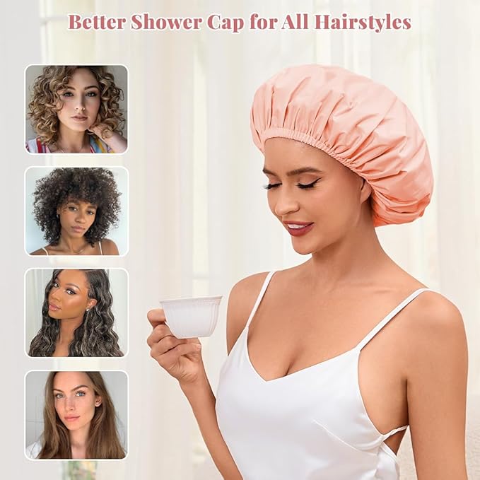 Shower Cap for Women Waterproof Reusable, Large Shower Cap Non-Slip with Elastic Band, Washable Bath Hair Hat for Long Hair, Braids (Flesh Pink)