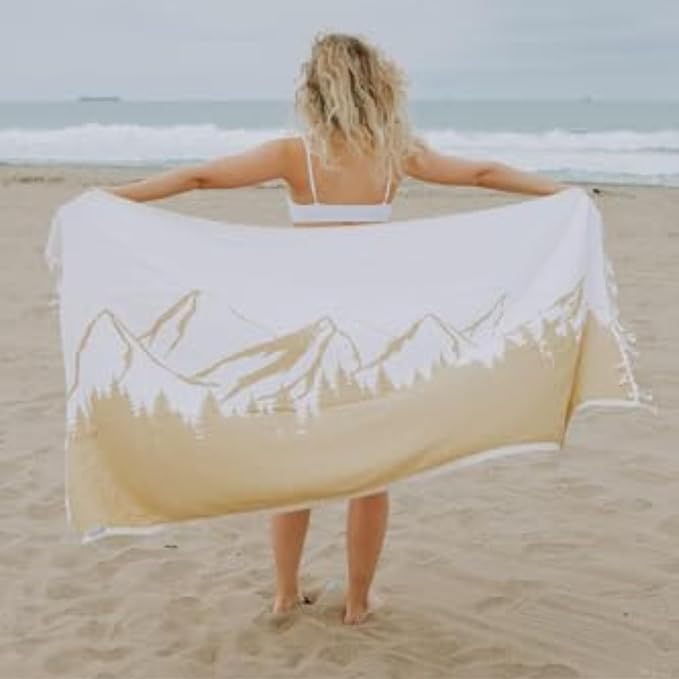 InfuseZen Turkish Towel with Mountain Landscape – 100% Organic Turkish Cotton - Sand Free Quick Dry Beach Peshtemal – Thin Reversible Absorbent Pool Hammam – Plus Size Gym, Travel Fouta (Mustard)