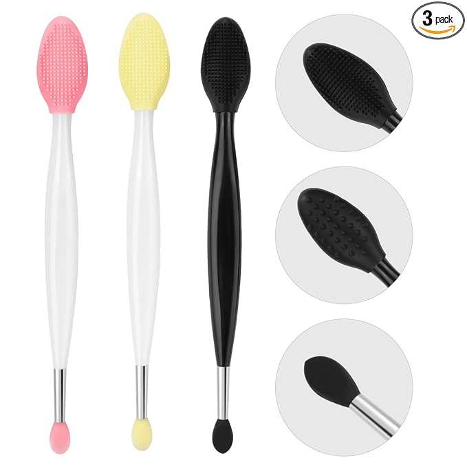 Unaone Lip Scrub Brush - 3 PCS Dual-ended Lip Scrubber Exfoliator and Silicone Lip Brush, 2-in-1 Silicone Lip Scrub Tool Lip Mask Applicator, Gentle Exfoliator & Applicator for Soft
