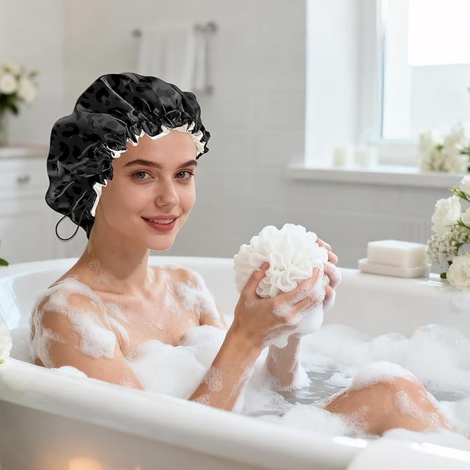 Shower Cap Reusable Double Layer Adjustable Elastic Waterproof EVA Hair Bath Caps for Women Girls Cute Aesthetic-Black Leopard