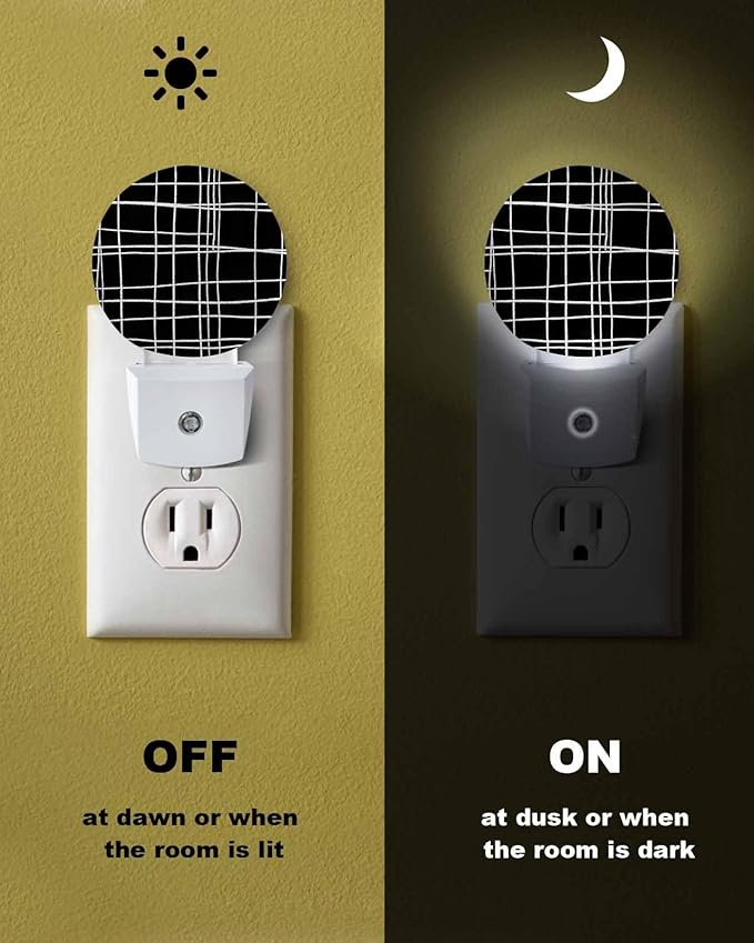Night Lights Auto Sensor Black Checked Plaid Night Light Minimalist Grid Lines Round Lamp Plug-in LED Nightlights Dusk to Dawn for Living Room Bedroom Bathroom Hallway Wall Decor
