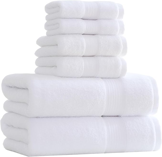 27x55 Bath Towels Set 100 Percent Cotton 650GSM Luxury Super Soft Absorbent Bathroom Towels (White,Pack of 6)