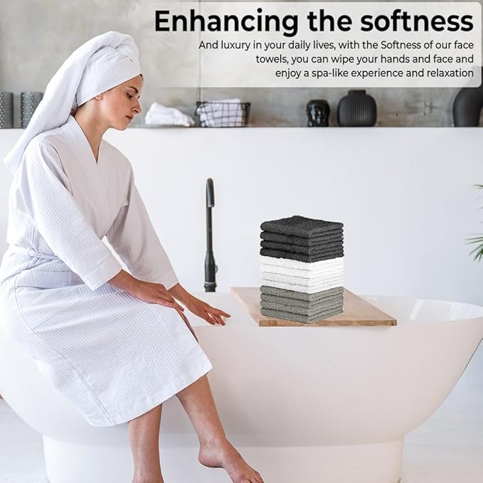 QUBA LINEN 100% Cotton Washcloth Set – Soft, Absorbent Face Towels for Bathroom & Gym Use –Reusable, Durable & Machine Washable - Dark Grey, White & Light Grey, 12x12 Inches, Pack of 12