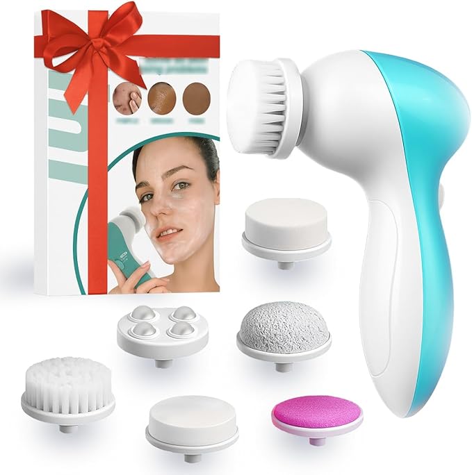 Facial Cleansing Brush Face Scrubber, 7-in-1 Electric Spin Cleanser Brushes with 6 Brush Heads for Deep Cleansing, Gentle Exfoliating, Removing Blackheads, Massaging (White & Aqua Blue)
