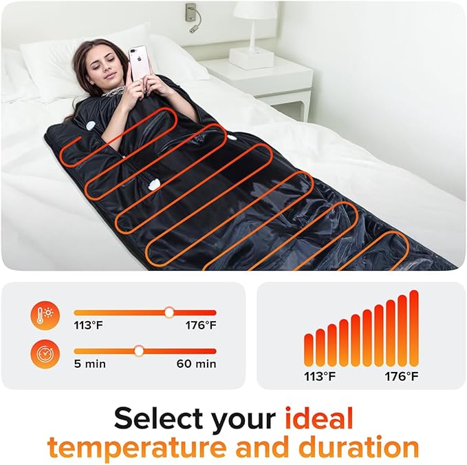 Portable Sauna Blanket with Zipper Arm Holes - 6 ft x 3 ft Far Infrared Sauna Blanket for Detoxification with 10x Bonus Thermal Wraps - Infrared Saunas for Home, 113-176℉