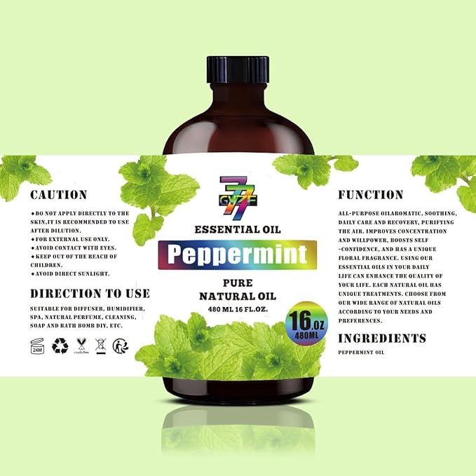 Peppermint Essential Oil - GV77ZF Peppermint Oils for Diffusers, Humidifiers, DIY Candles, Soap, Cleaning, Home, Office, Yoga, Massage, Gifts - 16 fl oz (480 ml)