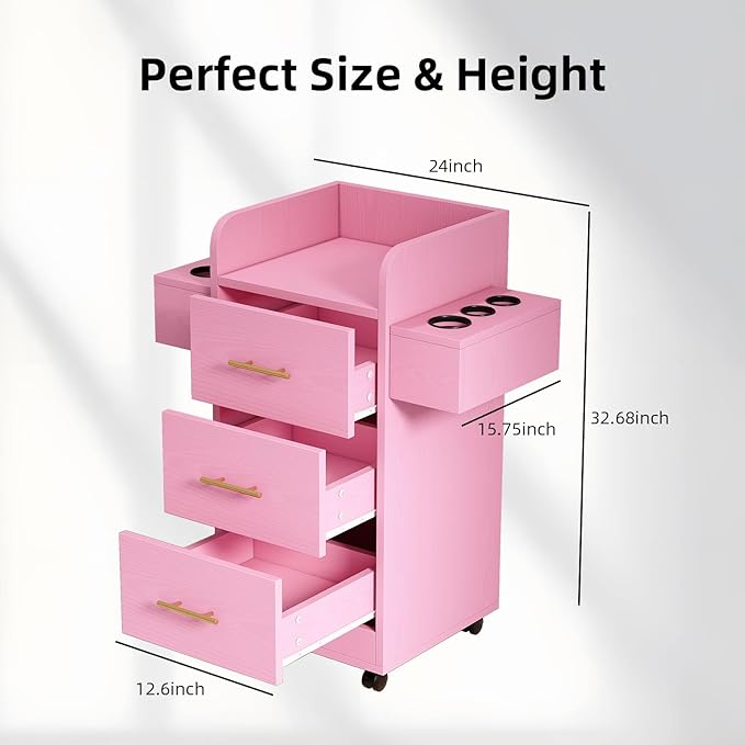 4ever2buy Rolling Salon Station for Hair Stylist, Salon Trolley Cart with with Wheels, Hair Stylist Beauty Barber Station, 6 Hair Dryer Holders & 3 Drawers, Pink and Gold