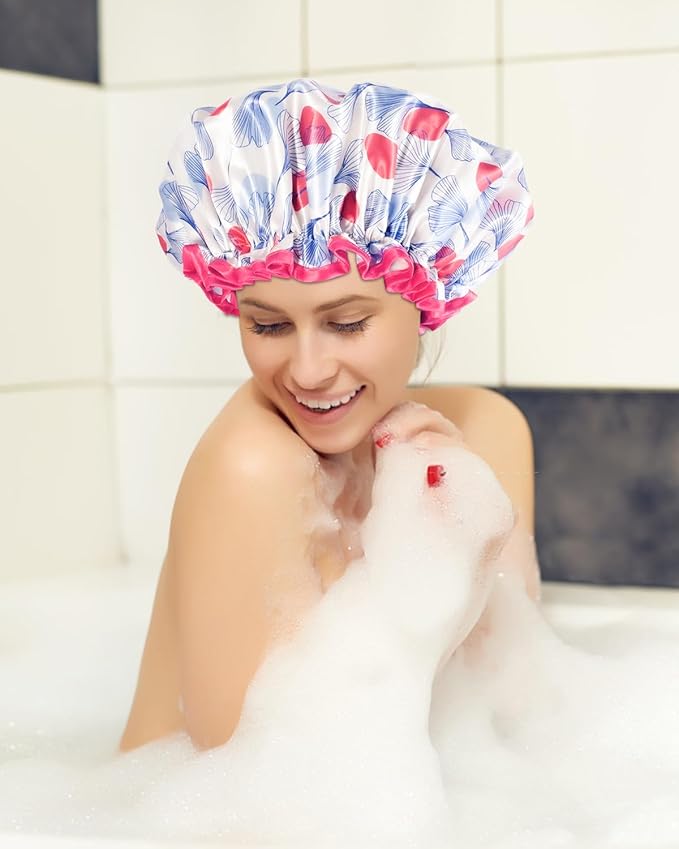 Aquior Shower Caps, Reusable Shower Cap for Women, Double Layer Waterproof Hair Cap, Microfiber Large Size for All Hair Lengths,for Girls Spa Home Salon Use (Red-Tulip)