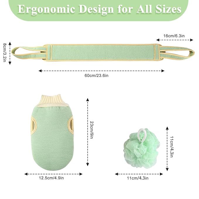 Exfoliating Glove and Back Scrubber for Shower - 3-Piece Exfoliating Mitt Set with Bath Sponge - Deep Skin Cleansing Body Scrubber for Dead Skin Removal, Self-Tan (Green)