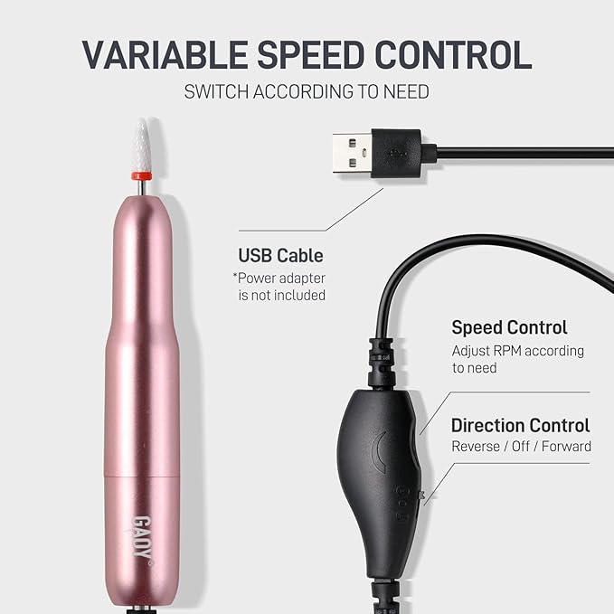 GAOY Electric Nail Drill for Acrylic and Gel, USB Electric Nail File, Portable Efile with Drill Bits, Manicure Pedicure Tools for Home Salon, Pink