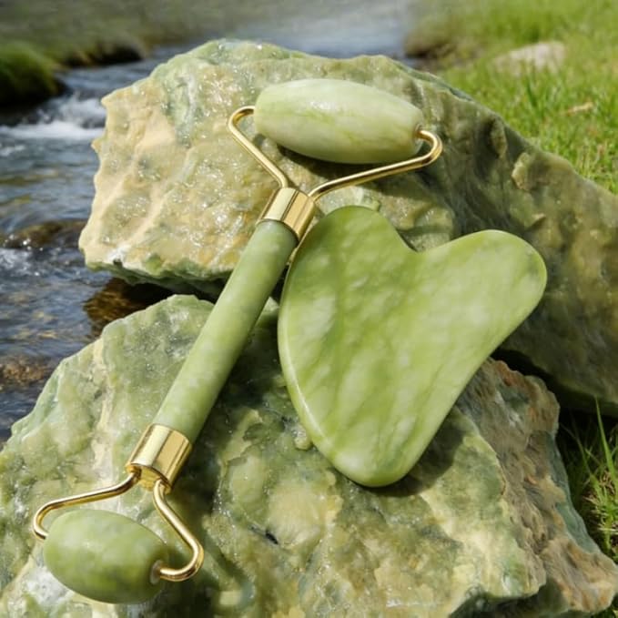 Jade Facial Roller & Gua Sha Set – Natural Stone Skincare Tools for Men & Women – Promotes Muscle Relaxation & Blood Circulation – Premium Self-Care Gift