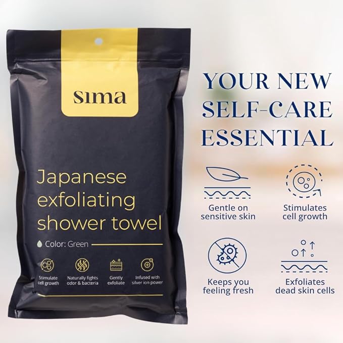 Sima Brand Exfoliating Washcloth Face & Body Scrub Towel - Japanese Exfoliating Towel with Hexagon Fibers, Body Scrubber with 2 Sides for Scrubbing & Washing, Extra Long Towels (White, 3 Pack)