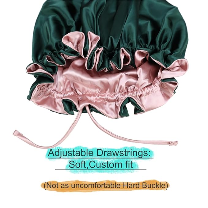 Adjustable Silk Satin Bonnet Hair Care Caps for Women Girls Loose-fitting Reversible Sleeping Cap Shower Caps Hair Wrap Bonnets (003 Spruce/Blush)