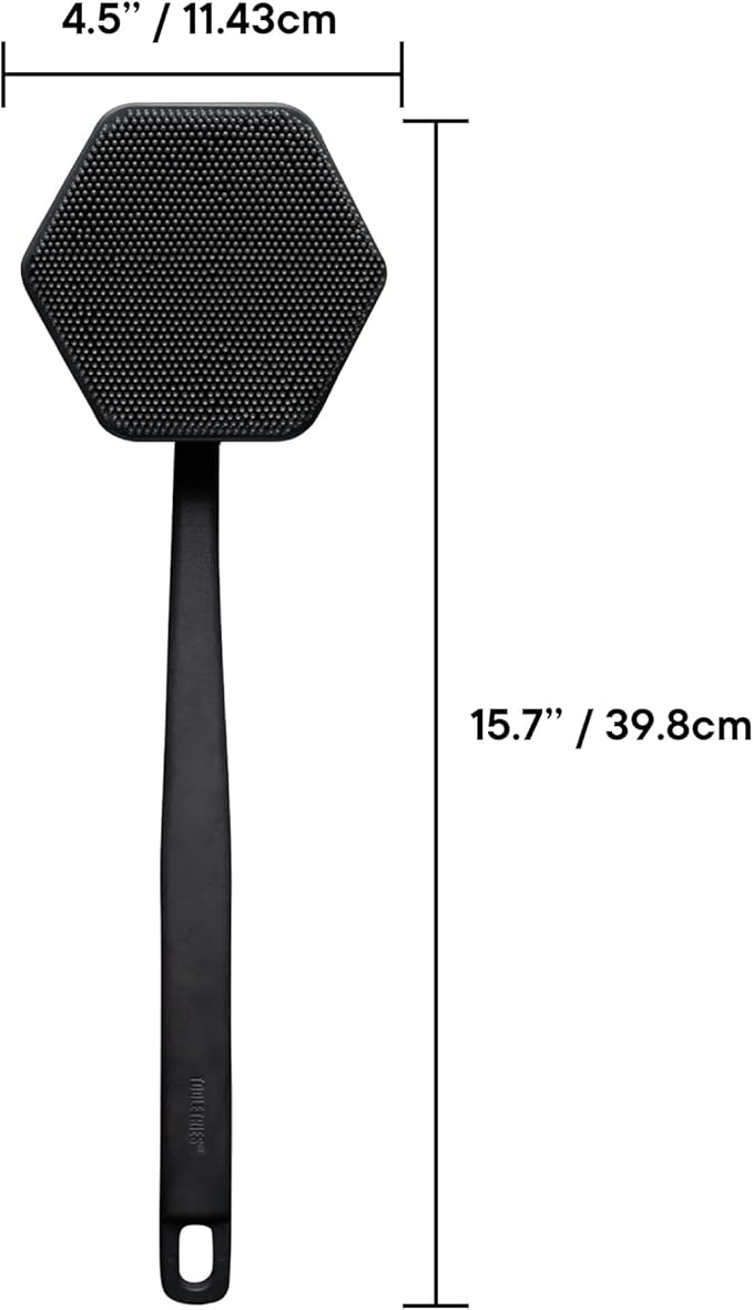 TOOLETRIES Silicone Back Scrubber for Shower – Exfoliating Back Brush for Men with Long Handle, Non Slip Grip – Body Washer to Clean Hard to Reach Areas, Durable Bath Accessory - Charcoal