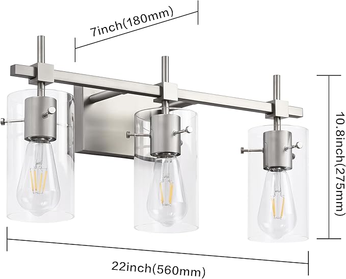 SOLFART 3 Lights Vanity Light Bathroom Light Fixture Over Mirror for Bathroom Glass Shade Lights Brushed Nickel Vintage Lighting Fixture
