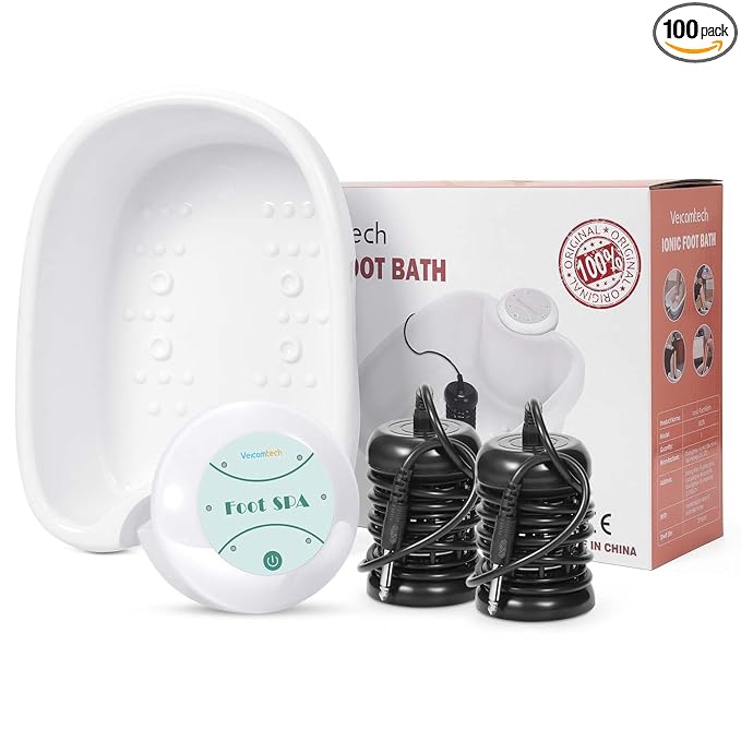 Veicomtech Ionic Foot Bath Detox Machine, Portable Foot Detox Machine for Salon, Ionic Foot Spa with auto 30 mins timer, Ion Foot bath Detox Machine with Basin, 2 Arrays and 100 Liners