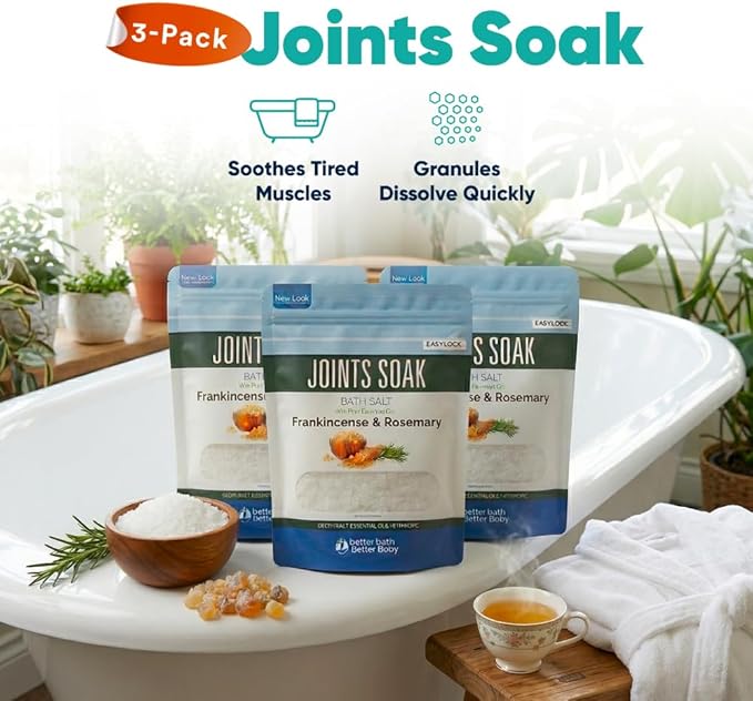 Joints Bath Soak (3 Pack) Soothing Epsom Salt with Rosemary and Frankincense Essential Oils Plus Vitamin Crystals in BPA Free Pouch Three 2 lbs Pouches 6 Lbs Total