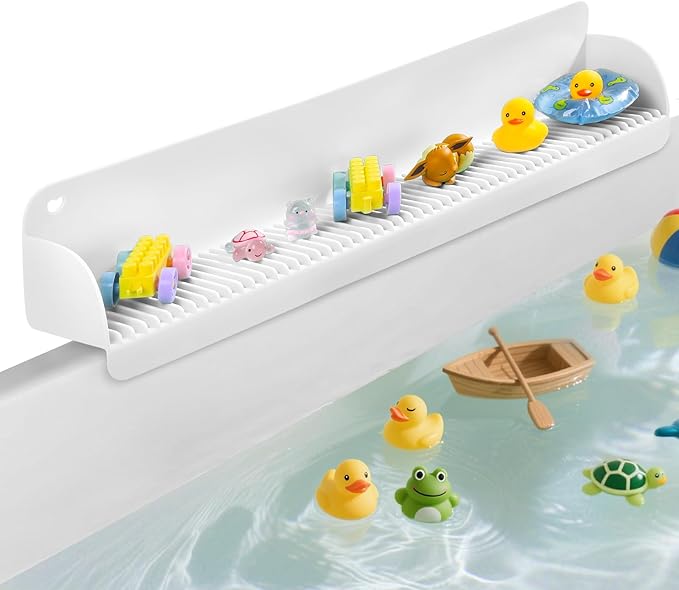 AGPTEK 24 Inch Bathtub Splash Guard with 10 Suction Cups, Silicone Tub Water Splash Guard for Bathtub, Bath Toy Tray Holder Play Shelf for Kids, Universal for Bathroom, Kitchen Sink (White)