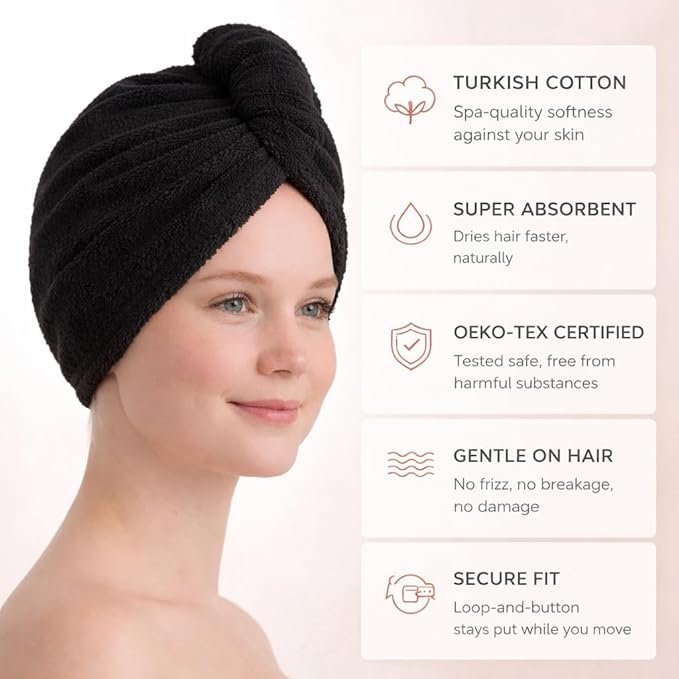 100% Turkish Cotton Hair Towel Wrap 2 Pack – Oeko-TEX Certified Quick Dry Turban for Wet Hair – Soft, Absorbent, Gentle on Curly & Long Hair – 10x26 Inch