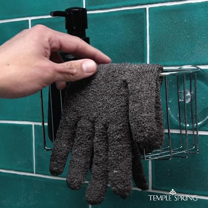Temple Spring Exfoliating Gloves for Men & Larger Hands – Extra Large XL Textured Rayon Bamboo Shower Gloves with Thicker Weave for Deep Cleansing, Dead Skin Removal & Smooth Skin (1 Pair, Gray)