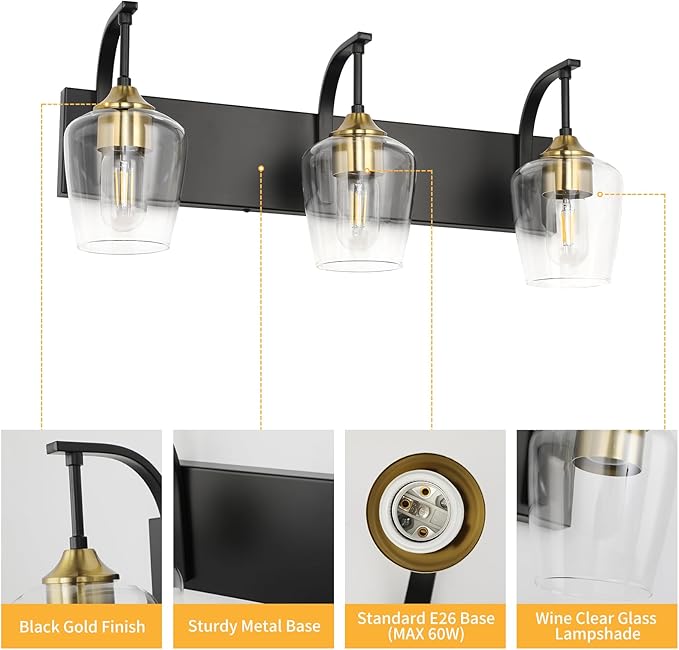 Black 3-Light Vanity Light with Clear Glass Shades, 23.62'' Industrial Black Gold Bathroom Wall Lights for Bedroom Hallway Living Room Kitchen
