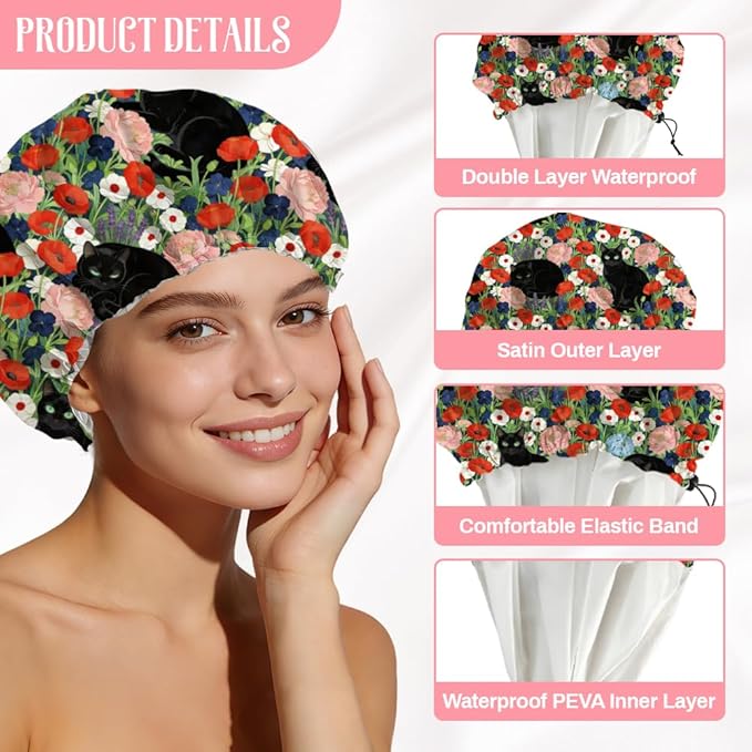 Black Cat Reusable Shower Cap Flower Double Layer Waterproof Shower Caps Large Elastic Hair Cover Adjustable Hair - Drying Caps for Woman Man Bath SPA Travel One Size Fits Most