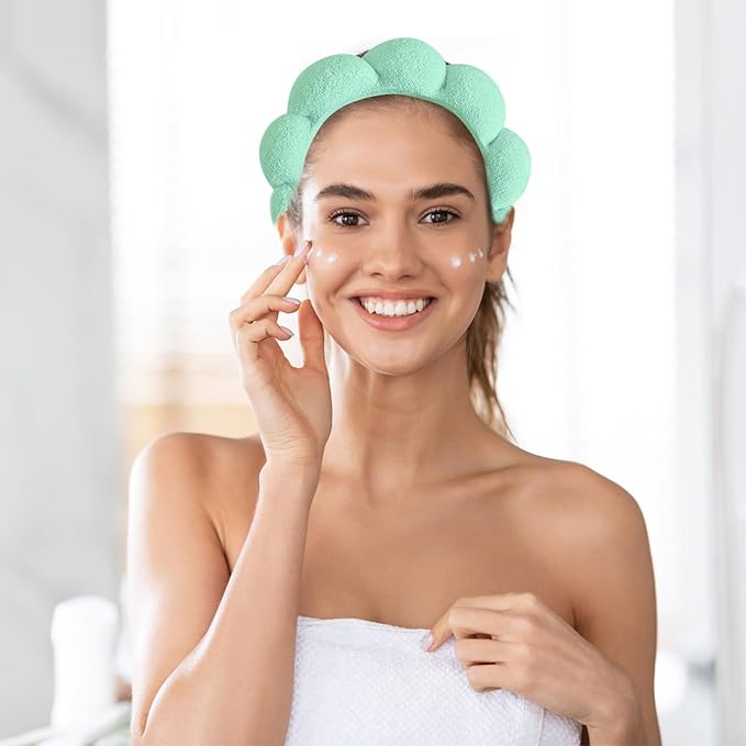 Beleki Spa Headband for Washing Face Wristband Set Makeup Skincare Face Washing Headband Sponge Terry Cloth Bubble Puffy Hairband Non Slip Headwear Hair Accessory for Women - Mint