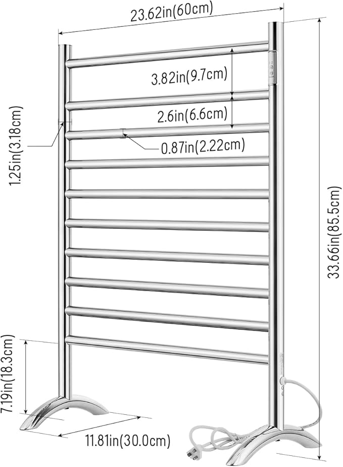 Freestanding Towel Warmer 10 Bars Plug-in Option 3 Working Modes Mirror Polished Stainless Steel 24" W 34" H