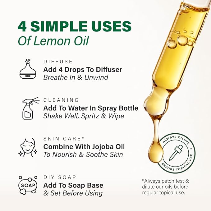 100% Pure Lemon Oil - 4 Fl Oz Lemon Essential Oil for Hair, Skin, Diffuser, Aromatherapy & DIY Soap Making Scent