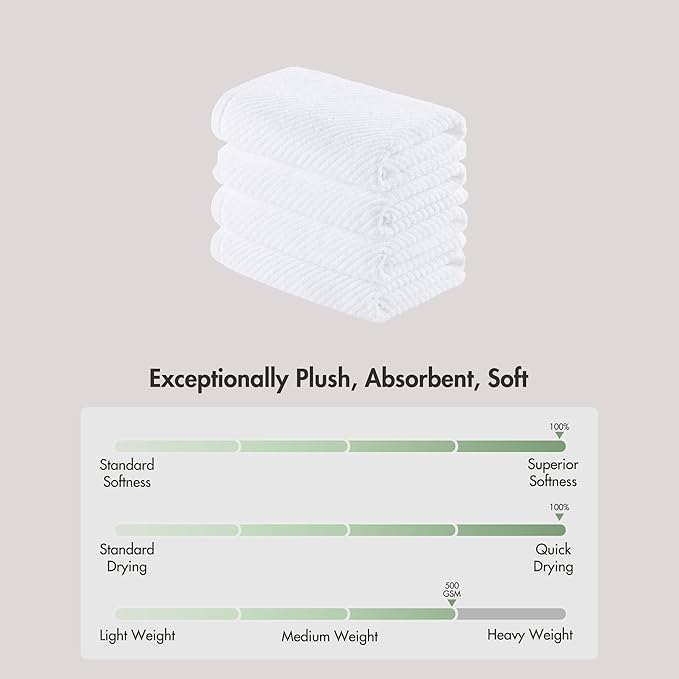 Madison Park 4-Piece Hand Towel Set for Bathroom 18" x 28" Diagonal Ribbed, White - 100% Cotton Soft Quick Dry & Absorbent Gift | Zero Twist, 500 GSM, Oeko-TEX, Hotel Quality