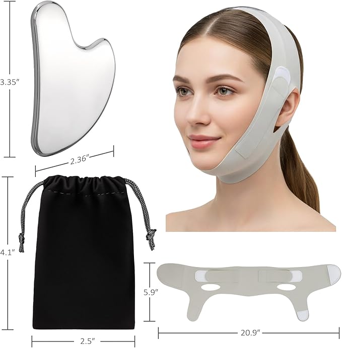 Gua Sha Facial Tool & V Line Lifting Mask for Women 2Pcs: Stainless Steel Guasha Tool for Face Body & Chin Strap for Sleeping, Skin Care Gifts for Women, Jawline Sculptor, V Shaped Face Mask-Green