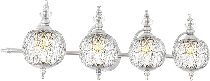 Brushed Nickel Bathroom Vanity Light Fixture Vintage Style - 4 Light G9 Bulb Compatible, 30" Wide Bathroom Lighting Over Mirror with Hand-Etched Glass Shades, Easy Mount for Makeup Area