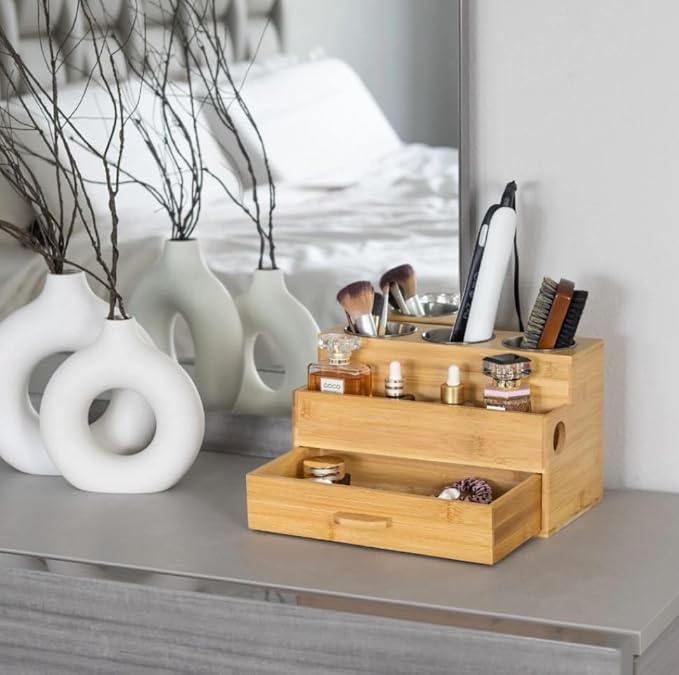 Harzen Brothers Hair Tool Organizer- Bamboo, Blow Dryer Holder, Bathroom Countertop, Vanity Caddy Storage Stand for Accessories, Makeup, Toiletries