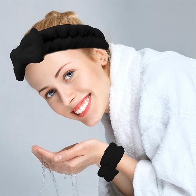 Black Spa Headband and Wristband Set with Bow for Washing Face, Skincare, Makeup - Sponge Cloud Headband for Women Girls
