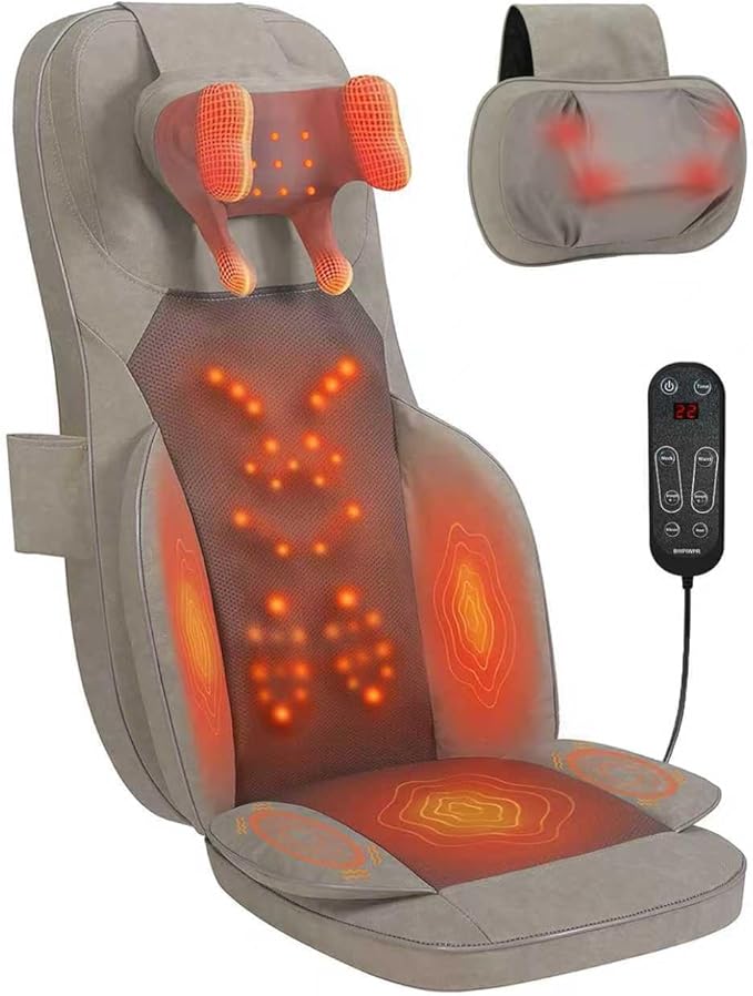 Shiatsu Massage Cushion for Neck and Back with Heat - 4D Kneading, Vibration for Muscle Relief, Dual-Neck Design, Adjustable Intensity and Height for Office Chair and Home Use, Brown