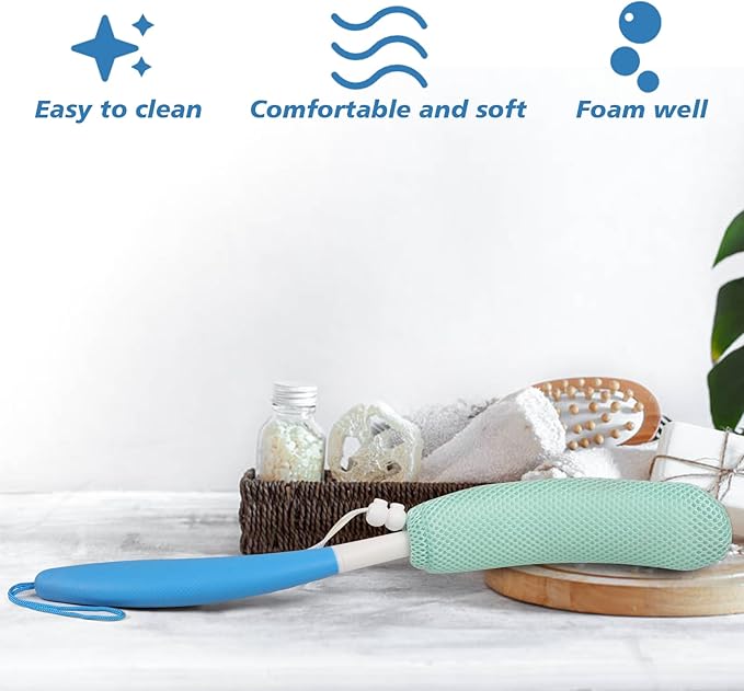 15.35" Back Bath Brush with Sponge,Back Scrubber Bath Mesh with Anti-Slip Curved Long Handle Bath Body Brush for Elderly Aid Bathing and Shower