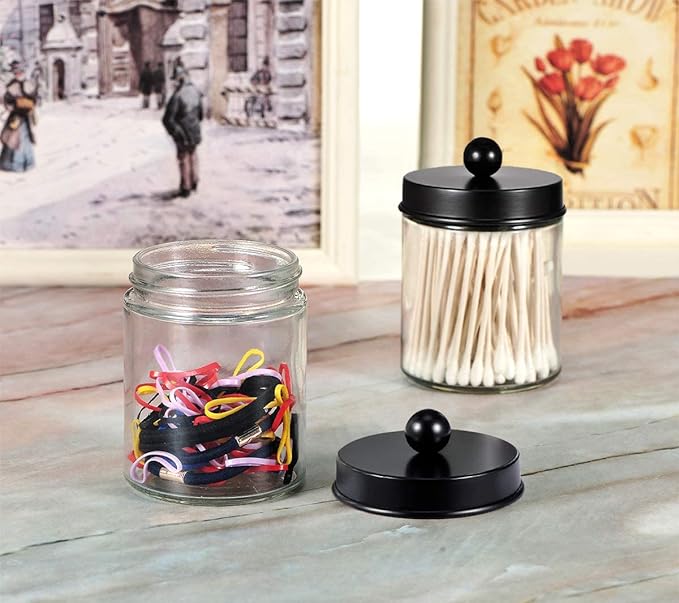 Amolliar 6Pc Apothecary Jars Bathroom Vanity Organizer- Rustic Farmhouse Decor Storage with Stainless Steel Lids- Qtip Dispenser Holder for Q-Tips, Cotton Swabs, Rounds, Ball, Flossers (Black)