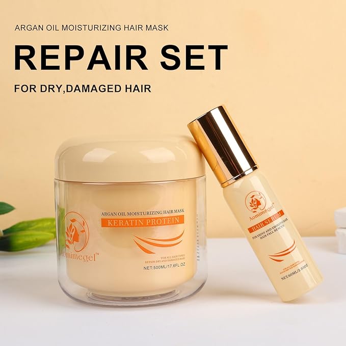 Hair Mask Argan Oil Set Deep Repair Conditioning Collagen Hair Treatment for Dry and Damaged Hair All Hair Types 16.9floz + 2floz