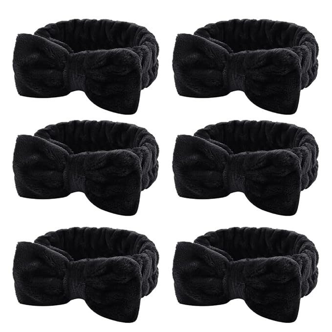 WHAVEL 6 Pack Spa Headbands,Black Makeup Microfiber Bowtie Headbands Soft Bowknot Fluffy Elastic Hair Band