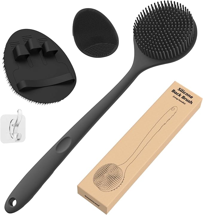 Manmihealth Silicone Back Scrubber (Thin Bristles) & Shower Face Brush Set(3PCS), Gentle-Cleaning & Exfoliating Body Scrubber, Bath Glove, Face Scrubber Combination (Black)